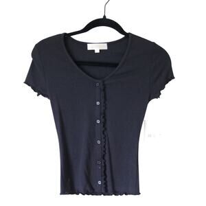 NWT Y2K V-Neck Ribbed Button Down Shirt Black Small